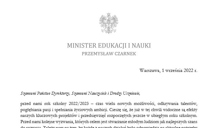 Fotografia fragmentu listu Ministra Edukacji i Nauki