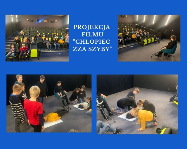 Kolaż zdjęć u góry uczniowie siedzą w kinie przed nimi siedzi pani psycholog na dole dzieci wykonuja zadanie na dużych brystolach