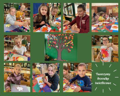kolaż zdjęć dzieci podczas tworzenia drzewa malują liście