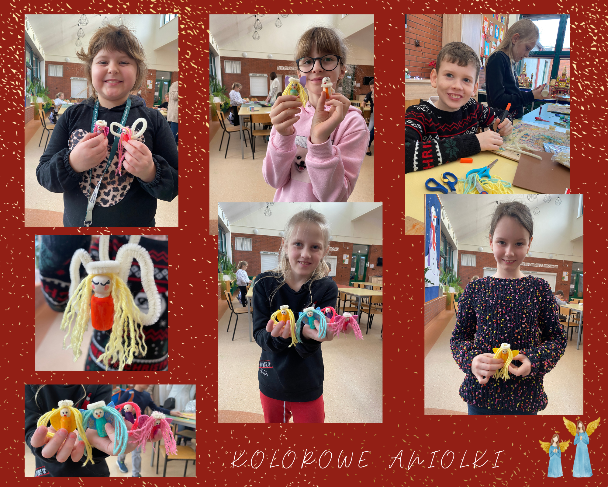 Kolaż zdjęć uczniowie z figurkami wykonanych kolorowych aniołków