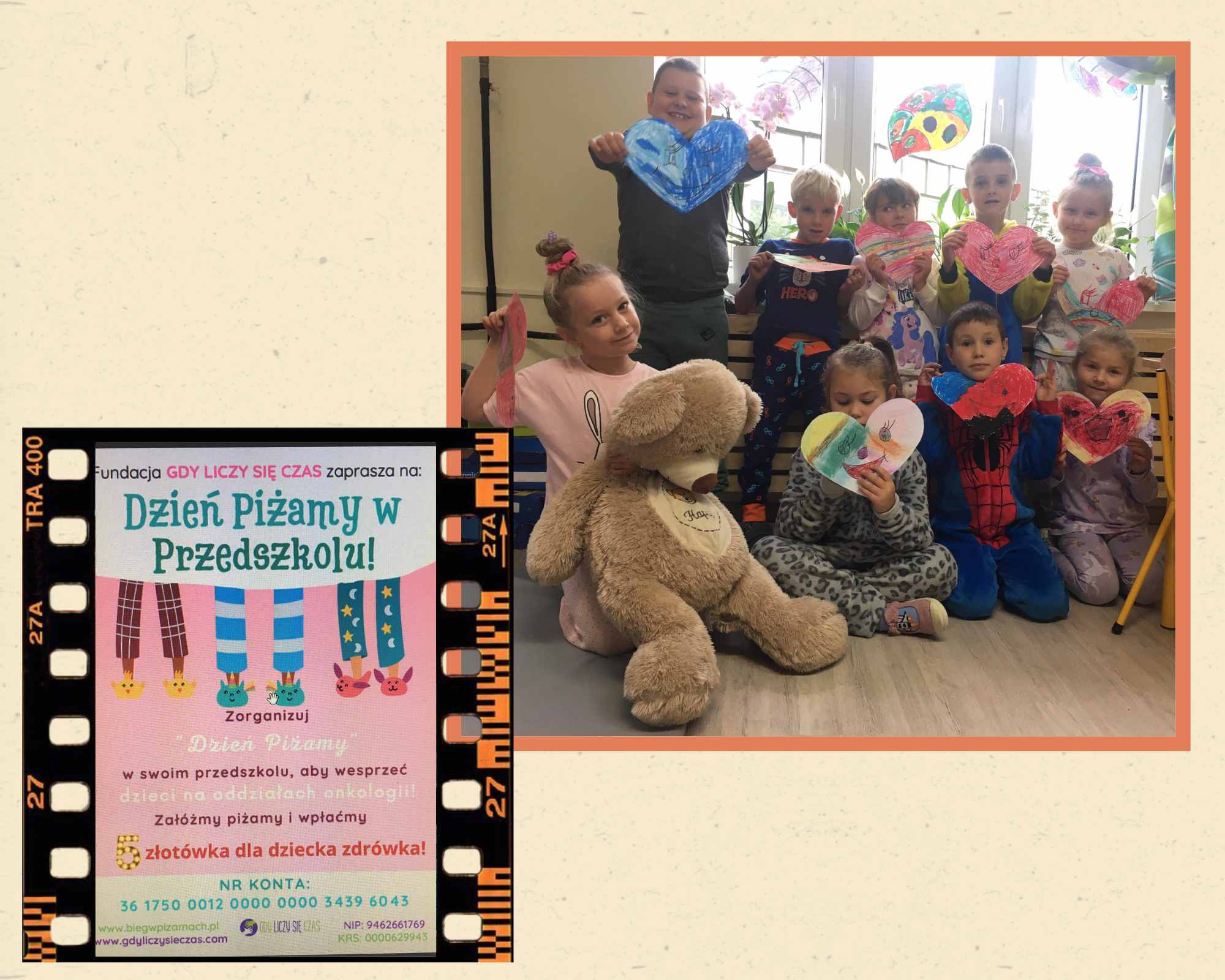 plakat informujący o dniu piżamy oraz przedszkolaki w piżamach