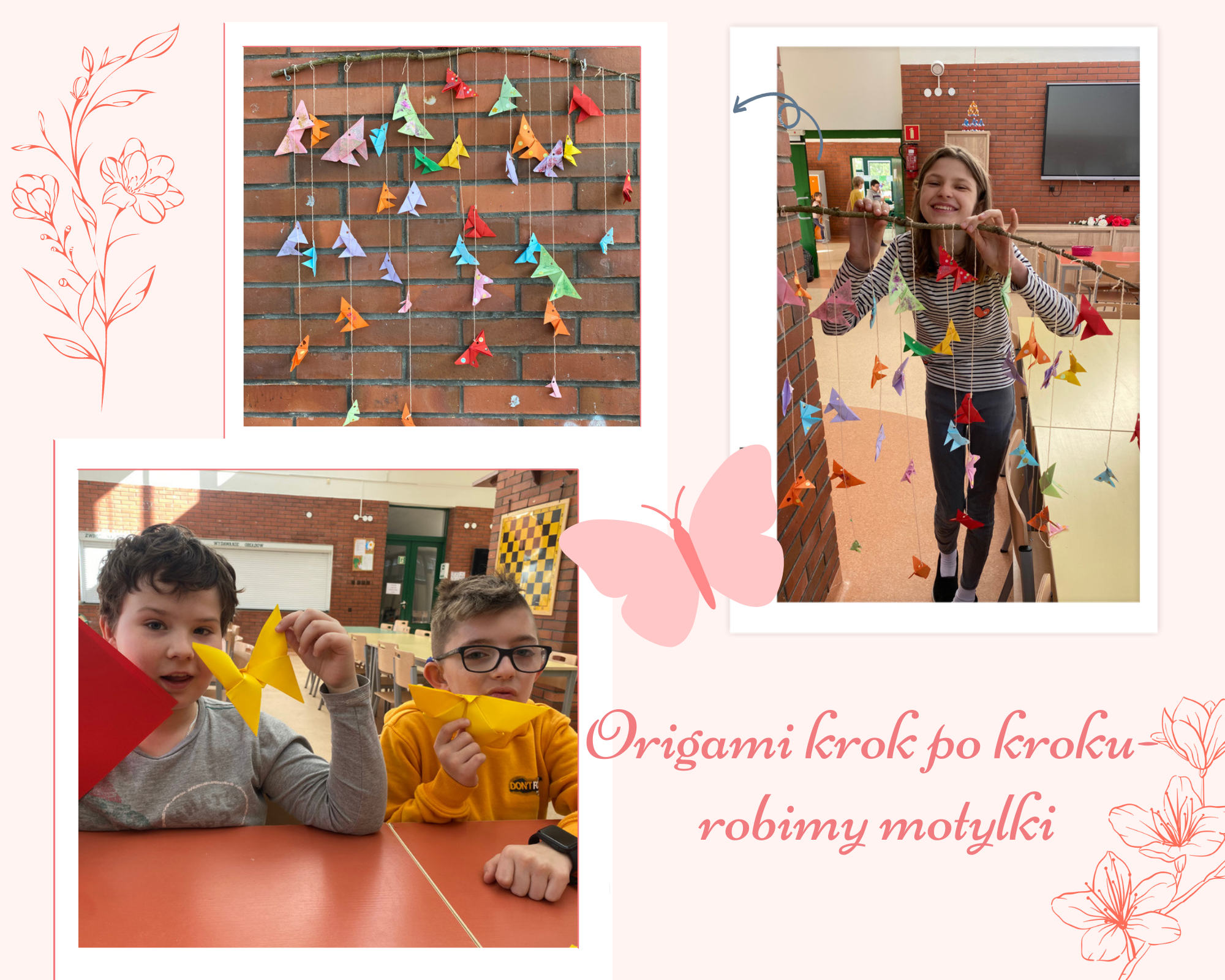 kolaż zdjęć dzieci z papierowy motylkami wykonanymi technika origami