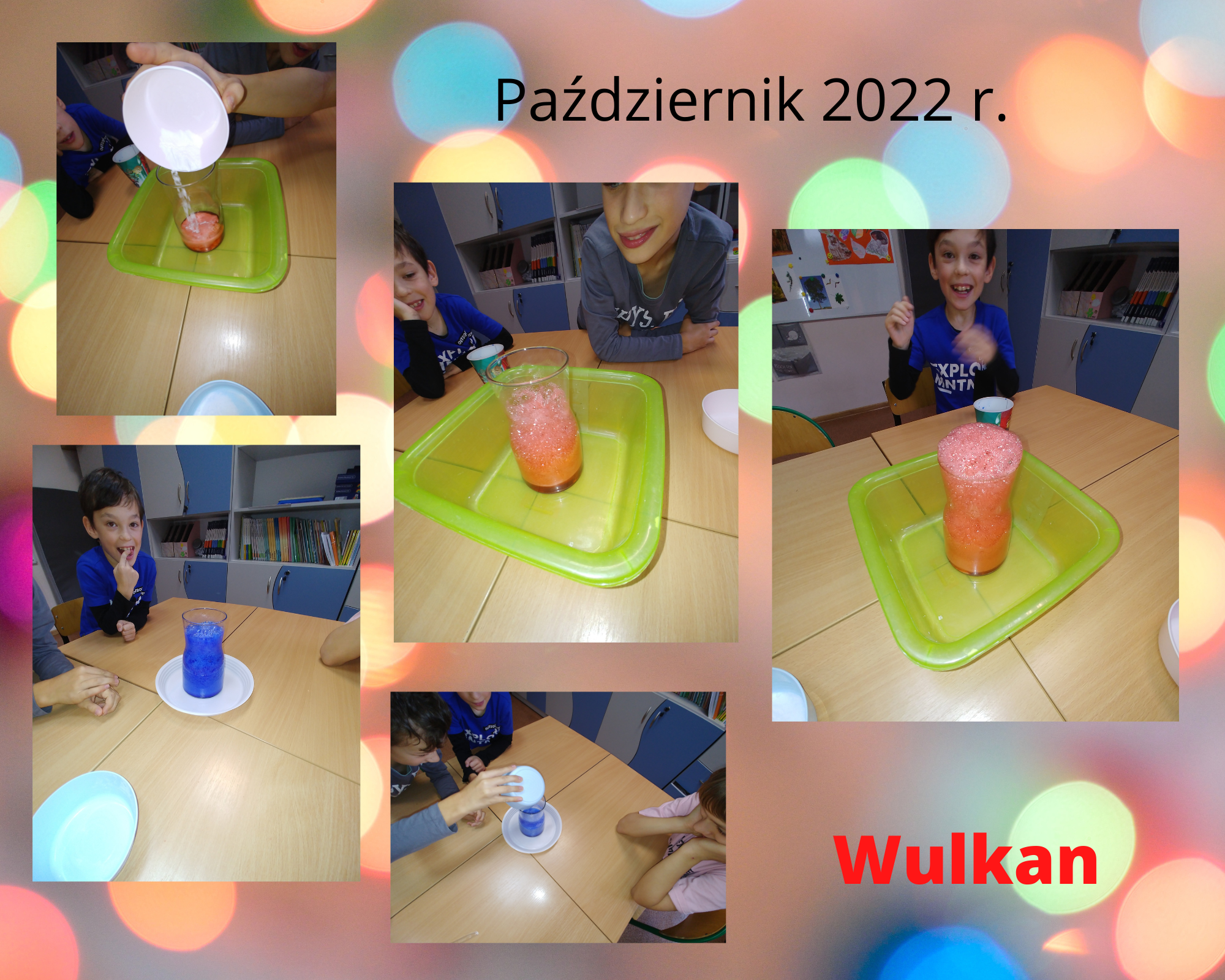 Kolaż zdjęć uczniowie wykonują eksperyment wsypując sodę do kolorowej wody