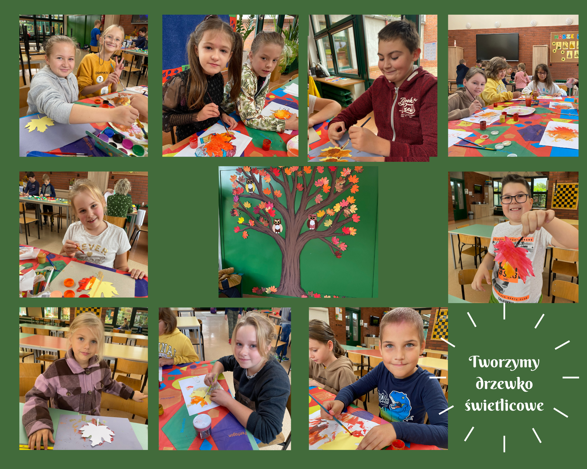kolaż zdjęć uczniowie podczas tworzenia drzewa malują liście
