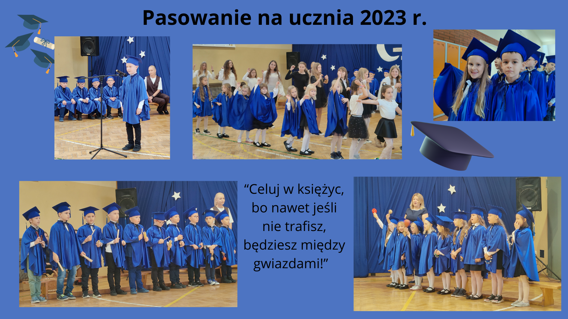 kolaż zdjęć uczniowie w togach podczas pasowania