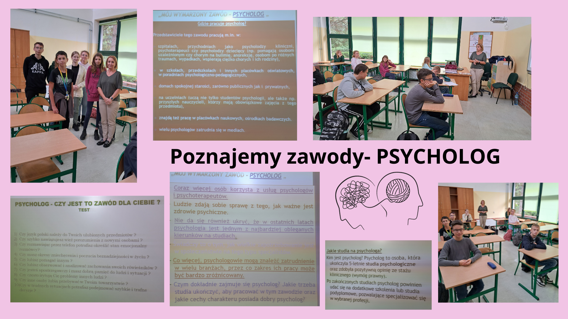 Kolaż zdjęć uczniowie podczas zajęć z psychologiem