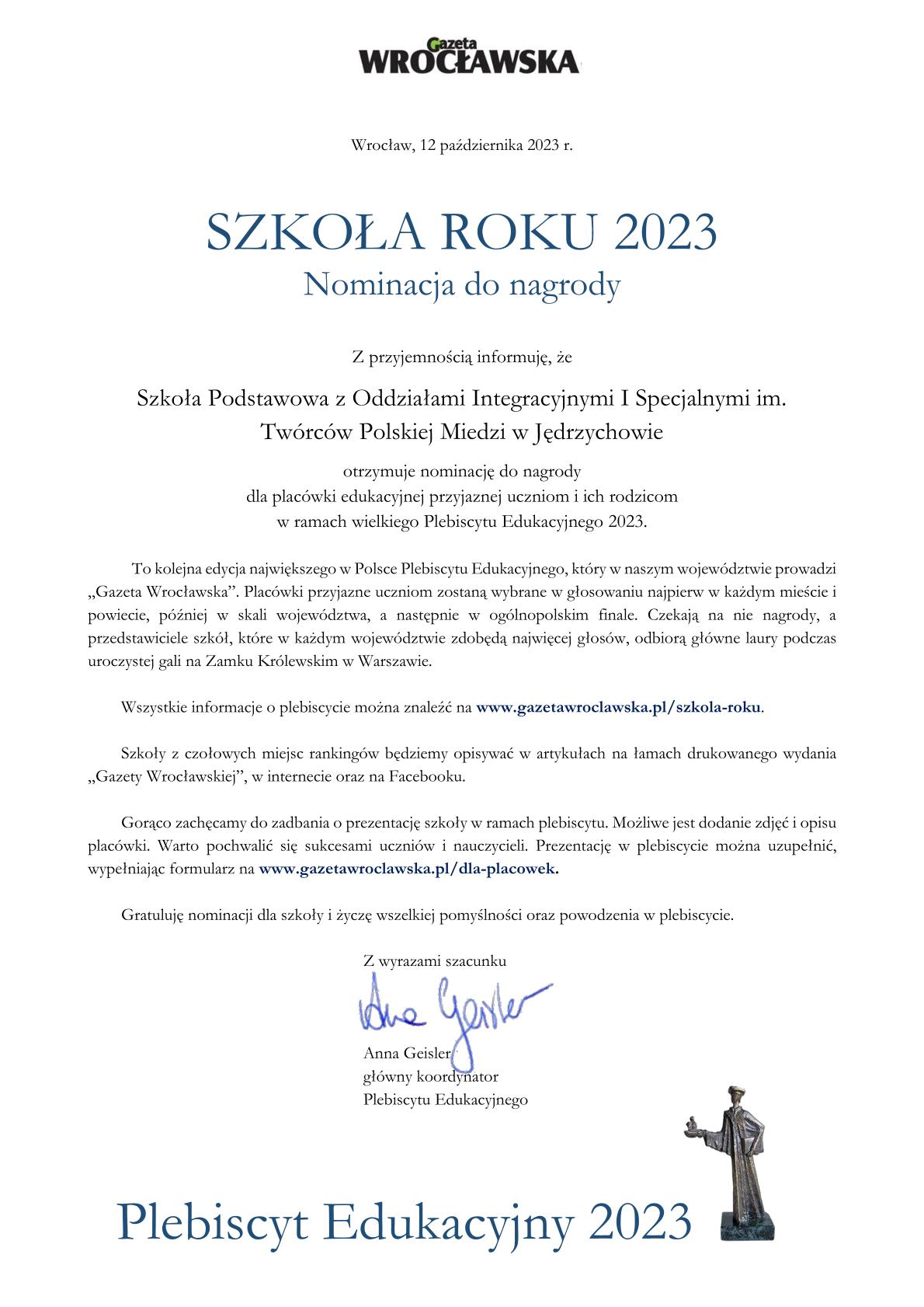 Nominacja szkoły do plebiscytu edukacyjnego 2023