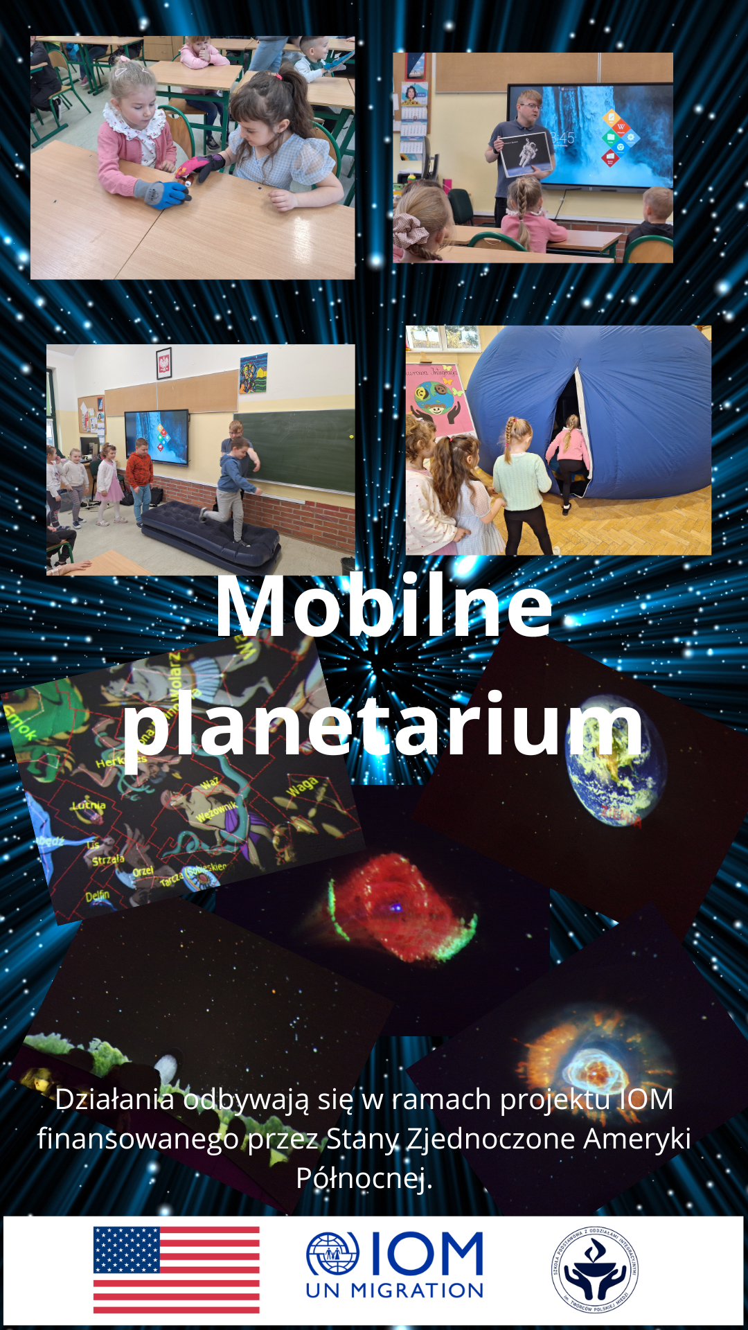 Kolaż zdjęć z zajęć w mobilnym planetarium