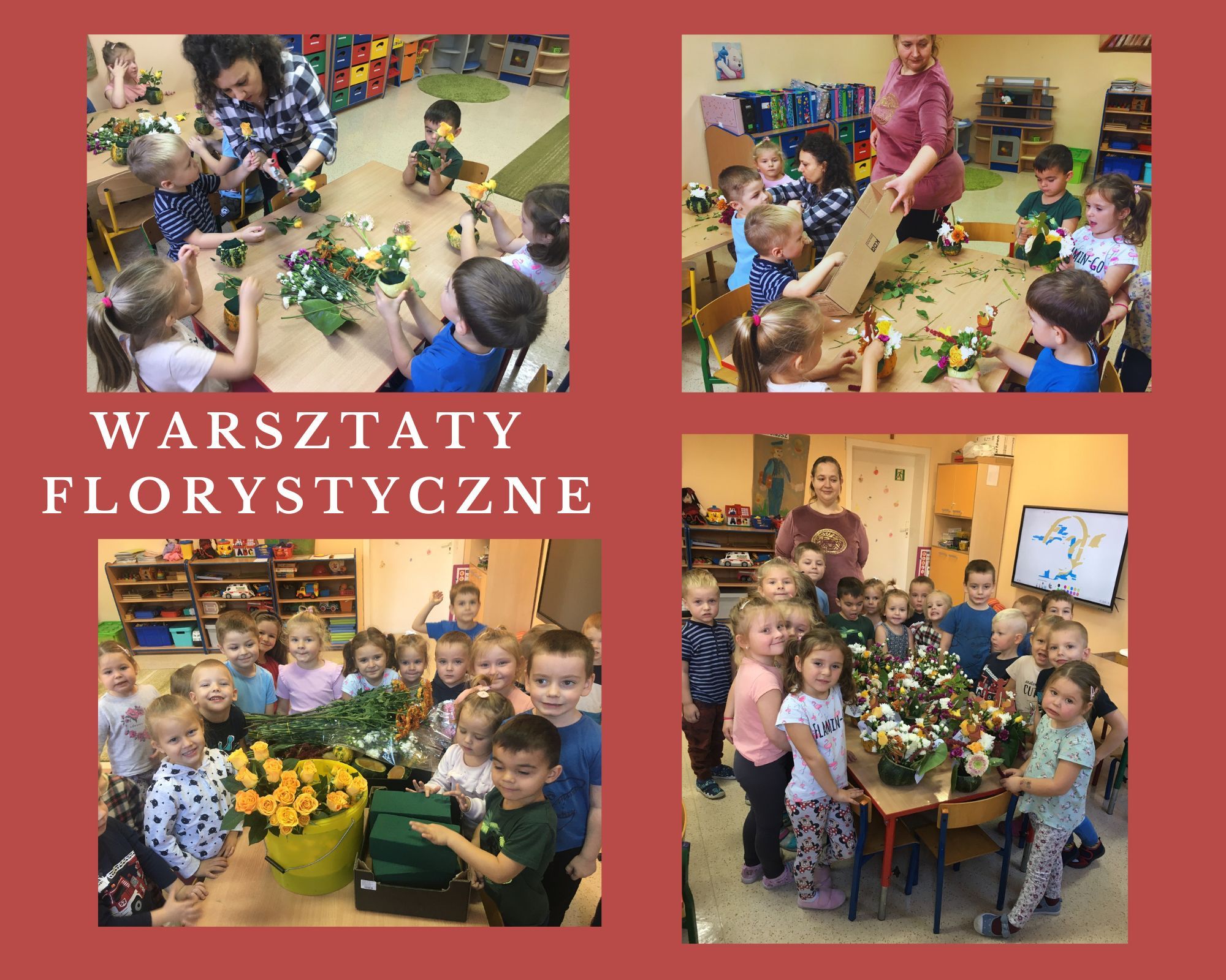 kolaż zdjęć przedszkolaki układają bukiety kwiatów zamocowane w dyniach pod opieką wychowawców i pani florystki