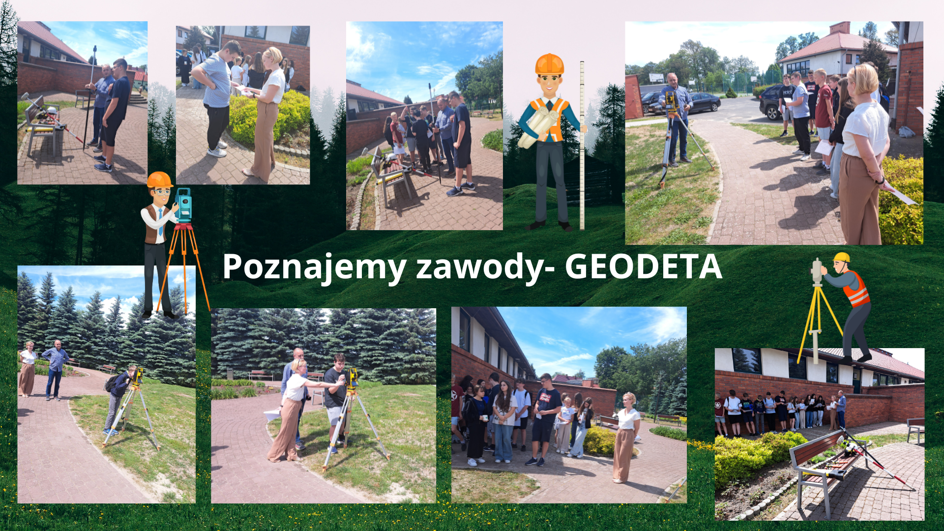 Kolaż zdjęć uczniowie z geodetami podczas zajęć w terenie