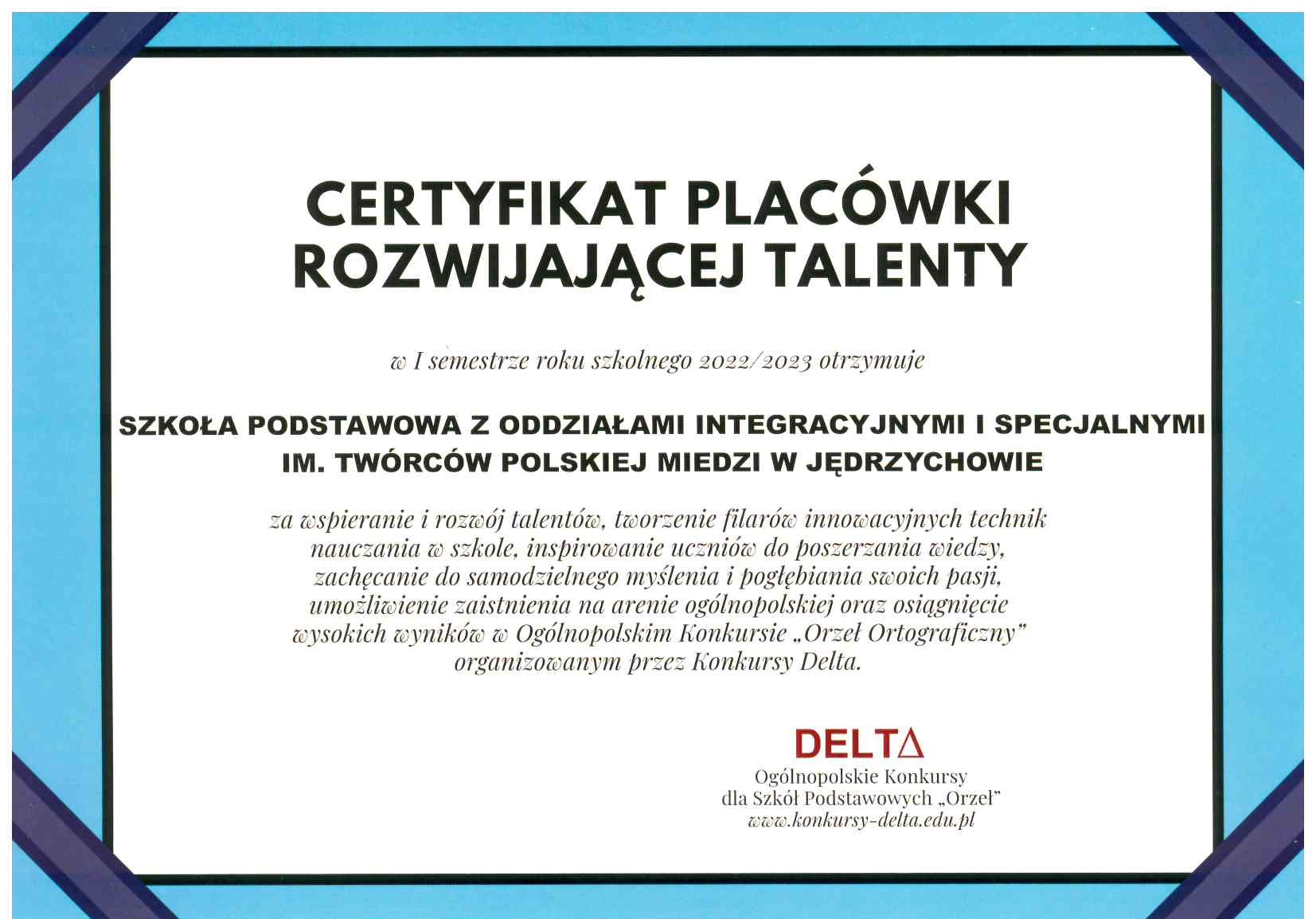 certyfikat dla szkoły za rozwijanie talentów