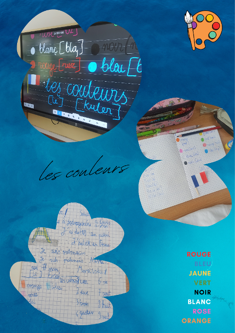 plakat ze zdjęciami notatki w zeszycie i na tablicy w języku francuskim