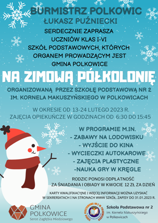 plakat z informacjami o feriach zimowych