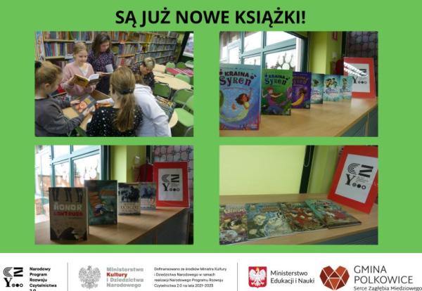 kolaż zdjęć uczniowie w bibliotece szkolnej przeglądają nowe książki wystawa nowych książek zakupionych w projekcie