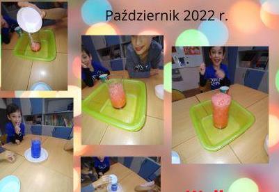 Kolaż zdjęć uczniowie wykonują eksperyment wsypując sodę do kolorowej wody
