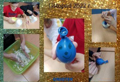 Kolaż zdjęć uczniowie napełniają balon masą solną tworząc gniotka