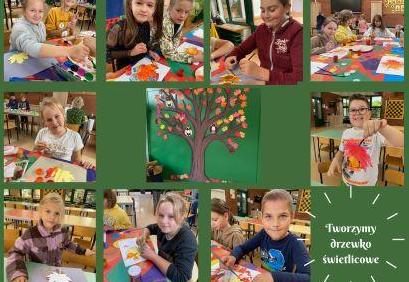 kolaż zdjęć dzieci podczas tworzenia drzewa malują liście