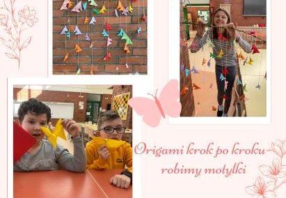 kolaż zdjęć dzieci z papierowy motylkami wykonanymi technika origami