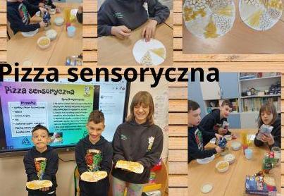 Kolaż zdjęć uczniowie podczas wykonywania pizzy sensorycznej