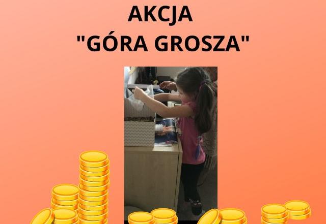 zdjęcie dziewczynki wrzucającej monety do przygotowanego pudełka na dole grafika monet u góry napis akcja góra grosza 
