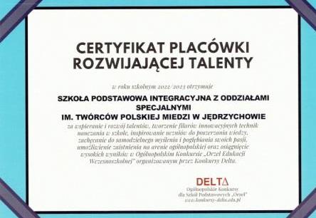 Certyfikat Szkoły rozwijającej talenty
