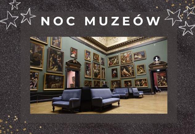 grafika z napisem noc muzeów i zdjęciem muzeum