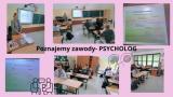 Kolaż zdjęć uczniowie w sali podczas spotkania z psychologiem