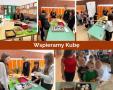 kolaż zdjęć uczniowie i opiekunowie kupują ciasto na kiermaszu podczas akcji charytatywnej 