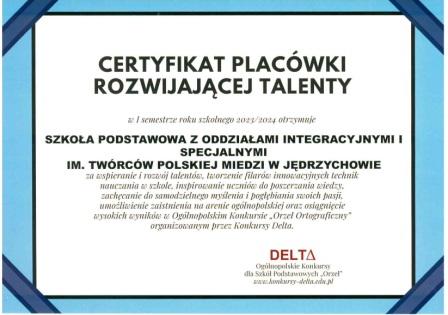 Certyfikat placówki rozwijającej talenty