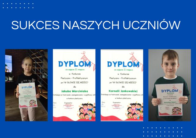 kolaz zdjęć dyplomów i nagrodzonych uczniów