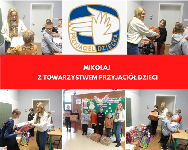 kolaż zdjęć uczniów otrzymujących paczki