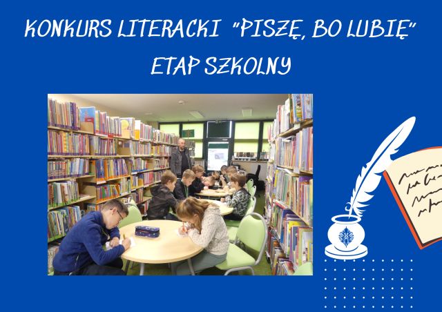 uczniowie w bibliotece piszą pracę na konkurs